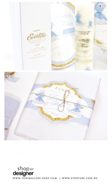 Trusou de botez brodat pentru baieti cu strumf in bleu si gold, Bebe Smurf 5